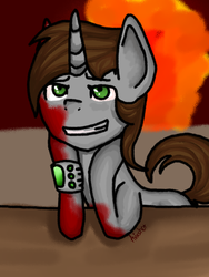 Size: 1024x1365 | Tagged: safe, oc, oc only, oc:littlepip, pony, unicorn, fallout equestria, blood, fanfic, fanfic art, female, horn, mare, pipbuck, solo