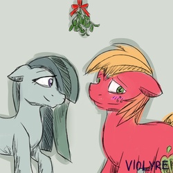 Size: 1024x1024 | Tagged: safe, artist:violyre, big macintosh, marble pie, earth pony, pony, g4, blushing, duo, female, male, mare, mistletoe, ship:marblemac, shipping, sketch, stallion, straight