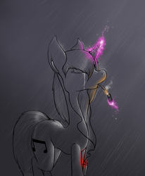 Size: 896x1088 | Tagged: safe, artist:sinrar, dj pon-3, vinyl scratch, g4, cigarette, crying, digital art, earbuds, female, lighter, magic, rain, smoking, solo, telekinesis