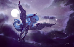 Size: 3202x2052 | Tagged: safe, artist:mechagen, princess luna, g4, female, flying, high res, night, s1 luna, solo, stars