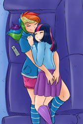 Size: 1280x1906 | Tagged: safe, artist:ambris, artist:glacierclear, rainbow dash, twilight sparkle, human, g4, butt touch, clothes, controller, couch, cuddling, denim shorts, duo, equestria girls outfit, eyes closed, female, hand on butt, happy, human coloration, humanized, indoors, lesbian, living room, lying down, multicolored hair, on couch, rainbow hair, ship:twidash, shipping, shorts, sketch, skirt, sleeping, smiling, snuggling, socks, striped socks, tomboy