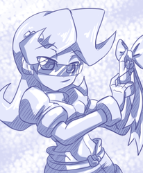 Size: 801x973 | Tagged: safe, artist:thegreatrouge, rarity, equestria girls, g4, my little pony equestria girls: rainbow rocks, armor, bowtie, clothes, crossover, female, glasses, looking at you, mega man (series), megaman zx, monochrome, shine like rainbows, solo, visor