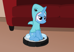Size: 3212x2248 | Tagged: safe, artist:badumsquish, derpibooru exclusive, trixie, pony, shark, unicorn, g4, behaving like a cat, clothes, costume, couch, female, high res, mare, ponies riding roombas, riding, roomba, shark costume, sitting, smiling, smirk, solo