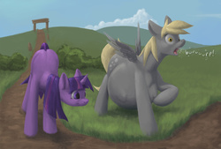 Size: 1500x1012 | Tagged: safe, artist:difetra, derpy hooves, twilight sparkle, pegasus, pony, g4, belly, big belly, burp, derpypred, female, fetish, mare, oral vore, spread wings, vore, wings