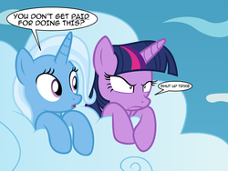 Size: 2048x1536 | Tagged: safe, artist:badumsquish, derpibooru exclusive, trixie, twilight sparkle, alicorn, pony, g4, the cutie re-mark, alternate scenario, angry, cloud, cloudsdale, death stare, dialogue, duo, female, frown, glare, inconvenient trixie, mare, open mouth, twilight sparkle (alicorn), wide eyes
