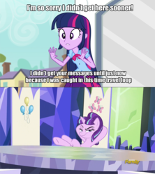Size: 640x720 | Tagged: safe, screencap, starlight glimmer, twilight sparkle, equestria girls, g4, my little pony equestria girls: friendship games, the cutie re-mark, captain obvious, discovery family logo, female, foreshadowing, image macro, meme, text, twilight sparkle (alicorn)