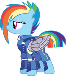 Size: 3245x3742 | Tagged: safe, artist:pageturner1988, rainbow dash, g4, the cutie re-mark, alternate timeline, amputee, apocalypse dash, artificial wings, augmented, clothes, crystal war timeline, female, high res, mechanical wing, prosthetic limb, prosthetic wing, prosthetics, scar, simple background, solo, torn ear, transparent background, uniform, vector, wings