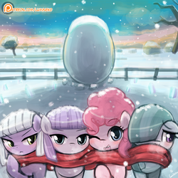 Size: 750x750 | Tagged: safe, artist:lumineko, limestone pie, marble pie, maud pie, pinkie pie, earth pony, pony, g4, clothes, cute, diapinkes, female, filly, holder's boulder, limabetes, looking at you, lumineko is trying to murder us, marblebetes, mare, maudabetes, patreon, patreon logo, pie sisters, scarf, shared clothing, shared scarf, snow, snowfall, winter