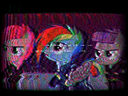 Size: 640x481 | Tagged: safe, editor:dadio46, screencap, maud pie, pinkie pie, rainbow dash, g4, the cutie re-mark, alternate timeline, amputee, animated, apinkalypse pie, apocalypse dash, apocalypse maud, artificial wings, augmented, crt monitor, crystal war timeline, error, female, glitch, mechanical wing, pause, pinkamena diane pie, prosthetic limb, prosthetic wing, prosthetics, sstv, torn ear, vhs, wings