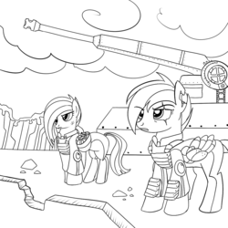 Size: 1000x1000 | Tagged: safe, artist:onyourownaccord, pinkie pie, rainbow dash, earth pony, pegasus, pony, g4, the cutie re-mark, alternate timeline, apinkalypse pie, apocalypse dash, artillery, black and white, crystal war timeline, female, grayscale, lineart, mare, monochrome, pinkamena diane pie, scar, torn ear