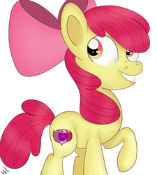 Size: 2700x3000 | Tagged: safe, artist:theartistsora, apple bloom, earth pony, pony, crusaders of the lost mark, g4, cutie mark, female, filly, high res, raised hoof, simple background, smiling, solo, the cmc's cutie marks, white background