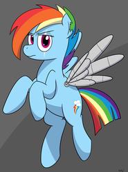 Size: 1408x1900 | Tagged: safe, artist:rapidstrike, rainbow dash, g4, the cutie re-mark, alternate timeline, amputee, apocalypse dash, artificial wings, augmented, crystal war timeline, female, floating, looking at you, mechanical wing, prosthetic limb, prosthetic wing, prosthetics, scar, solo, torn ear, wings
