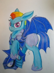 Size: 2951x3957 | Tagged: safe, artist:scribblepwn3, rainbow dash, bat pony, pony, g4, the cutie re-mark, alternate hairstyle, alternate timeline, armor, female, guard, high res, night guard, night guard dash, nightmare takeover timeline, pen drawing, solo, traditional art, watercolor painting