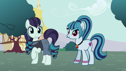 Size: 1024x576 | Tagged: safe, artist:90sigma, artist:cheezedoodle96, artist:dipi11, editor:3d4d, coloratura, sonata dusk, earth pony, pony, g4, the mane attraction, 1000 years in photoshop, disguise, disguised siren, duo, duo female, earth pony sonata dusk, equestria girls ponified, female, gem, ponified, rara, siren gem, vector