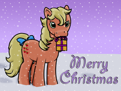 Size: 1037x777 | Tagged: safe, artist:majkashinoda626, applejack (g1), g1, christmas, merry christmas, present, snow, snowfall, winter