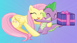 Size: 1099x614 | Tagged: safe, artist:majkashinoda626, fluttershy, spike, g4, secret of my excess, female, hug, male, present, ship:flutterspike, shipping, straight