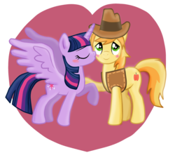 Size: 1131x987 | Tagged: safe, artist:majkashinoda626, braeburn, twilight sparkle, alicorn, earth pony, pony, g4, blushing, cheek kiss, clothes, cowboy hat, duo, female, hat, kissing, male, mare, shipping, stallion, stetson, straight, twiburn, twilight sparkle (alicorn), vest