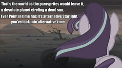 Size: 960x538 | Tagged: safe, screencap, starlight glimmer, parasprite, g4, the cutie re-mark, alternate timeline, ashlands timeline, barren, doctor who, female, image macro, implied genocide, meme, post-apocalyptic, pyramids of mars, solo, wasteland