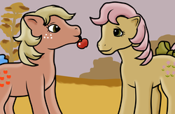 Size: 938x610 | Tagged: safe, artist:majkashinoda626, applejack (g1), posey, g1, apple, food, present