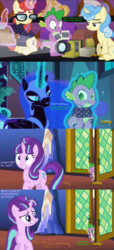 Size: 1400x3058 | Tagged: safe, edit, edited screencap, hundreds of users filter this tag, screencap, distant star, honey lemon, miss hackney (g4), moondancer, nightmare moon, spike, starlight glimmer, alicorn, dragon, pony, unicorn, g4, the cutie re-mark, alternate timeline, aqua teen hunger force, bedroom eyes, comic, discovery family logo, female, flirting, love triangle, magic, male, mare, nightmare takeover timeline, screencap comic, ship:sparlight, ship:spikedancer, shipping, spike gets all the mares, spikemoon, straight, telekinesis, tonight you
