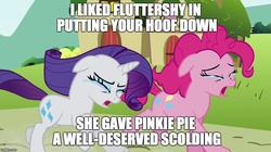 Size: 888x499 | Tagged: safe, edit, edited screencap, screencap, fluttershy, pinkie pie, rarity, g4, putting your hoof down, image macro, meme, op is a duck