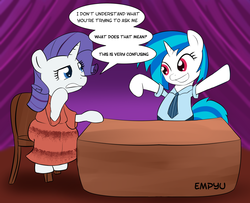 Size: 1000x810 | Tagged: safe, artist:empyu, dj pon-3, rarity, vinyl scratch, g4, 30 minute art challenge, charades, clothes, confused, dress, duo, mute, mute vinyl, necktie, shirt, sign language, talk show, wrong eye color