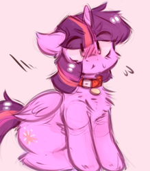 Size: 441x504 | Tagged: dead source, safe, artist:toroitimu, twilight sparkle, alicorn, pony, g4, chest fluff, collar, cute, eye clipping through hair, eyebrows, eyebrows visible through hair, female, leg fluff, mare, pet, pet tag, pettwi, pink background, simple background, solo, sweat, sweatdrop, twi pet, twiabetes, twilight sparkle (alicorn)