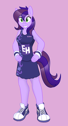 Size: 531x980 | Tagged: safe, artist:caroo, oc, oc only, oc:garnet winters, anthro, plantigrade anthro, female, hand on hip, shoes, simple background, smiling, sneakers, solo, sweatband