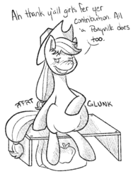 Size: 600x800 | Tagged: safe, artist:bellylover06, applejack, earth pony, pony, g4, blushing, digestion, fart, fart noise, female, fetish, implied death, mare, monochrome, pooping, post-vore, predajack, scat, solo, stomach noise, vore