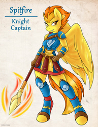 Size: 1275x1650 | Tagged: dead source, safe, artist:ambris, spitfire, pegasus, anthro, unguligrade anthro, adventuring is magic, g4, armor, clothes, colored pupils, female, solo, spear, weapon