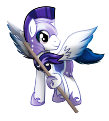 Size: 847x943 | Tagged: safe, artist:ikuvaito, oc, oc only, oc:silent knight, armor, guard, night guard, royal guard, smiling, solo, spear, spread wings, weapon