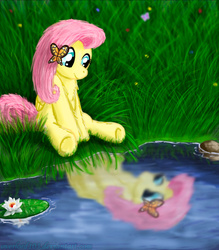 Size: 700x800 | Tagged: safe, artist:overlord103, fluttershy, g4, cute, female, reflection, shyabetes, solo, water