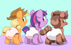 Size: 1248x883 | Tagged: safe, artist:artiecanvas, applejack, twilight sparkle, oc, oc:radix, alicorn, pony, g4, age regression, artiecanvas is trying to murder us, baby, babyjack, babylight sparkle, cute, debate in the comments, diaper, diaper butt, female, foal, jackabetes, look at my butt, mare, ocbetes, pacifier, poofy diaper, twiabetes, twilight sparkle (alicorn)