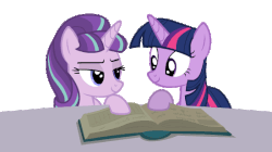 Size: 550x309 | Tagged: safe, artist:tiredbrony, starlight glimmer, twilight sparkle, alicorn, pony, unicorn, the cutie re-mark, animated, blinking, blush sticker, blushing, book, cute, female, gif, glimmerbetes, kissing, lesbian, looking at each other, mare, open mouth, s5 starlight, shipping, simple background, smiling, surprise kiss, transparent background, twiabetes, twilight sparkle (alicorn), twistarlight