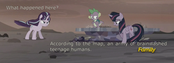 Size: 1679x608 | Tagged: safe, screencap, spike, starlight glimmer, twilight sparkle, g4, the cutie re-mark, alternate timeline, ashlands timeline, barren, implied genocide, implied sunset shimmer, post-apocalyptic, sunset's terrible plan, trio, twilight sparkle (alicorn), wasteland