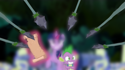 Size: 1906x1068 | Tagged: safe, edit, screencap, spike, twilight sparkle, alicorn, pony, g4, the cutie re-mark, alternate timeline, blurry, chrysalis resistance timeline, cutie map, female, magic, map of equestria, mare, scroll, spear, stone spear, twilight sparkle (alicorn), weapon