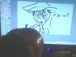 Size: 1266x946 | Tagged: safe, artist:hattsy, applejack, pinkie pie, g4, apple, cowboy hat, cute, dialogue, floppy ears, food, hat, holding, hoof hold, irl, jackabetes, meme, monitor, monochrome, photo, photography, stetson