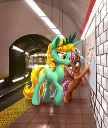 Size: 1600x1891 | Tagged: safe, artist:nadnerbd, oc, oc only, oc:bowtie, oc:liberty, pegasus, pony, unicorn, female, filly, map, mare, metro, new york city, ponycon 2016, ponycon nyc, sternocleidomastoid, subway, subway trains, train