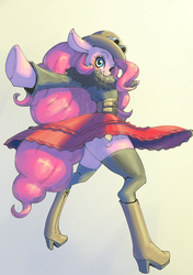 Size: 2039x2894 | Tagged: safe, artist:unousaya, pinkie pie, earth pony, semi-anthro, g4, arm hooves, boots, clothes, coat, female, goggles, grin, hat, high heels, high res, mare, pixiv, skirt, socks, solo, stockings, thigh highs, zettai ryouiki