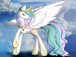 Size: 1600x1200 | Tagged: safe, artist:twigpony, princess celestia, g4, female, raised hoof, solo, spread wings