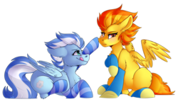 Size: 2893x1665 | Tagged: safe, artist:shyshyoctavia, spitfire, oc, oc:cloudburst, pegasus, pony, g4, blushing, boop, clothes, prone, socks, spitfire is not amused, striped socks, tongue out