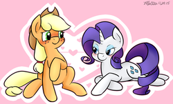 Size: 1106x669 | Tagged: safe, artist:melodicmarzipan, applejack, rarity, g4, blushing, female, lesbian, prone, ship:rarijack, shipping, sitting