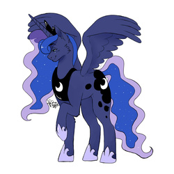 Size: 1000x1000 | Tagged: safe, artist:pinkiesaint, princess luna, g4, female, raised hoof, simple background, smiling, solo, spread wings