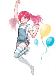 Size: 1326x1876 | Tagged: safe, artist:knifecat, pinkie pie, human, g4, alternate hairstyle, balloon, clothes, female, humanized, missing shoes, socks, solo, striped socks