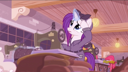 Size: 1600x900 | Tagged: safe, screencap, rarity, pony, unicorn, g4, the cutie re-mark, alternate hairstyle, alternate timeline, alternate universe, clothes, crystal war timeline, discovery family logo, glowing horn, horn, magic, overalls, rarity the riveter, sewing machine, telekinesis