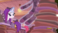Size: 1600x900 | Tagged: safe, screencap, rarity, pony, unicorn, g4, the cutie re-mark, alternate hairstyle, alternate timeline, alternate universe, clothes, crystal war timeline, discovery family logo, glowing horn, horn, levitation, magic, overalls, rarity the riveter, sewing machine, telekinesis, working