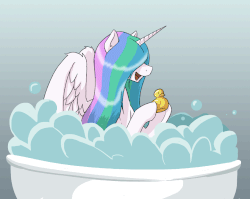 Size: 1280x1020 | Tagged: dead source, safe, artist:thekuto, princess celestia, alicorn, pony, animated, bath, bathing, bathtub, bubble, bubble bath, cute, cutelestia, female, frame by frame, gif, gradient background, hair over eyes, happy, hidden eyes, majestic as fuck, mare, open mouth, open smile, rubber duck, sitting, smiling, solo, spread wings, wet mane, wing fluff, wings
