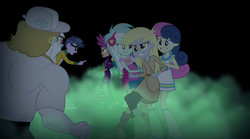 Size: 1280x714 | Tagged: safe, screencap, bon bon, bulk biceps, derpy hooves, lyra heartstrings, micro chips, scootaloo, sweetie drops, equestria girls, g4, my little pony equestria girls: rainbow rocks