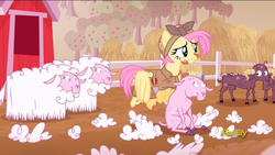 Size: 1600x900 | Tagged: safe, screencap, fluttershy, pegasus, pony, sheep, g4, the cutie re-mark, alternate hairstyle, alternate timeline, alternate universe, apocalypse fluttershy, apple, apple tree, clothes, crystal war timeline, discovery family logo, fence, shearing, shears, solo, tree, working