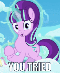 Size: 304x367 | Tagged: safe, edit, edited screencap, screencap, fluttershy, starlight glimmer, pony, unicorn, g4, the cutie re-mark, 8^y, animated, caption, clapping, cute, female, filly, floating, gif, glimmerbetes, glowing horn, horn, image macro, levitation, looking at you, magic, mare, meme, reaction image, s5 starlight, sarcasm, self-levitation, smiling, starlight says bravo, telekinesis, you tried